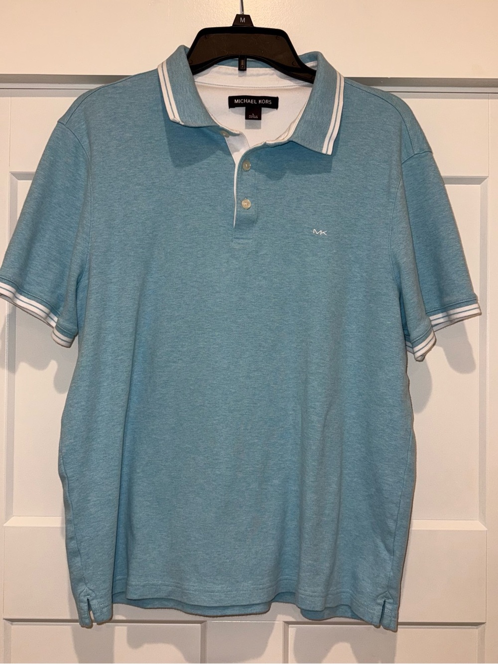 Michael Kors Mens L Blue Solid Cotton Polo SS Collared Button Logo